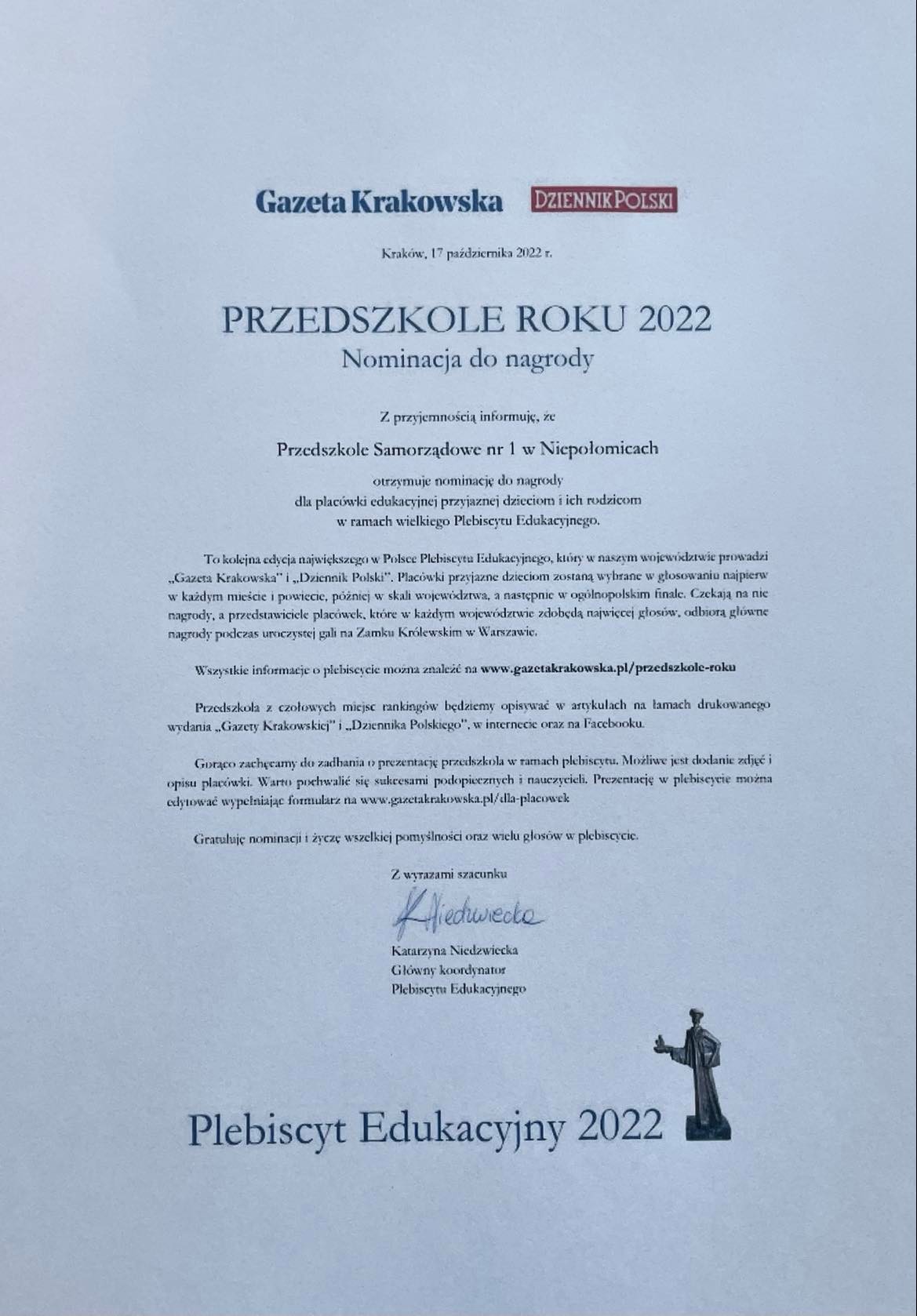 Nominacja do nagrody  Przedszkole roku 2022 w Plebiscycie Edukacyjnym post thumbnail
